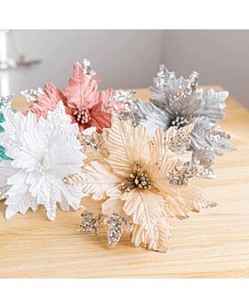 25cm Bunga Natal Sequin Flanel Poinsettia Xmas